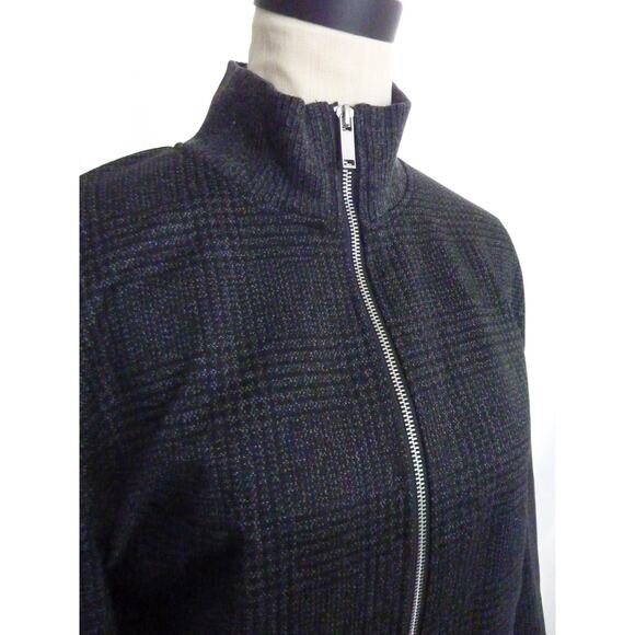Zara Dark Gray Black Plaid Zippered Bomber Jacket Mock Turtleneck Large - Picture 4 of 7